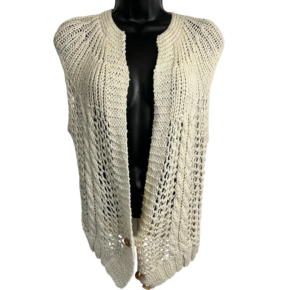 Simply Times Cream Knit Open Front Vest Sweater Size L Silk Blend Vintage